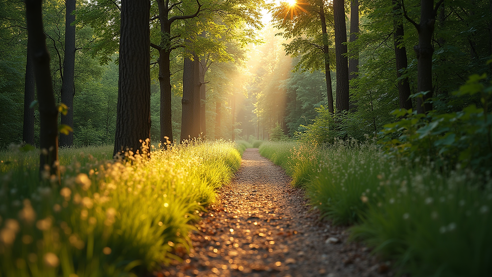 High angle view of a peaceful nature trail surrounded by trees and sunlight