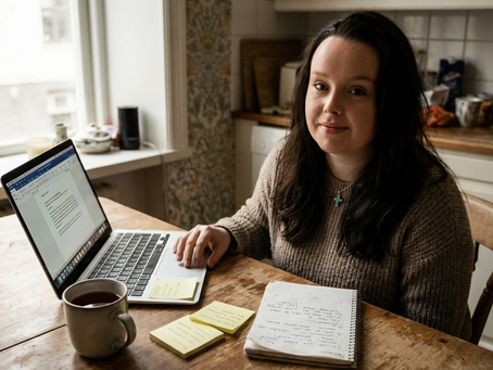 Woman at kitchen table starting a digital product business on a small budget