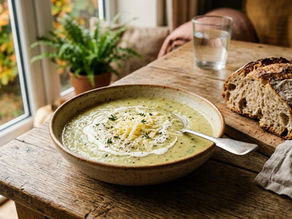A bowl of creamy pale green courgette and cheddar soup on a rustic wooden table, a swirl of cream and a sprinkle of grated cheddar on top, a chunk of crusty bread beside it, soft natural window light, cosy autumn styling, food photography.