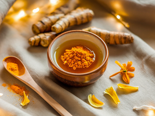 Bowl of turmeric powder and honey on beige cloth, surrounded by turmeric roots, a wooden spoon, orange flower, petals, and warm fairy lights.