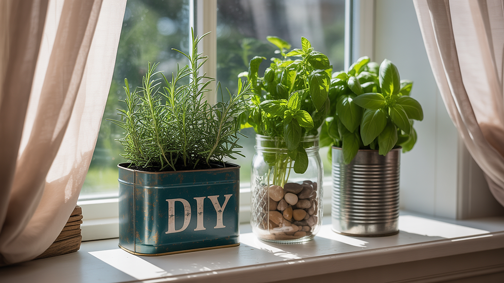 Herbs in DIY tin, jar, and can on sunny windowsill with beige curtains. Green plants include rosemary and basil, creating a fresh vibe.