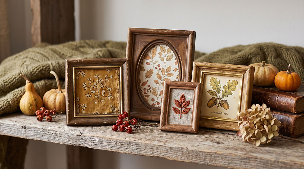 Make tiny framed autumn 'paintings' from old wallpaper and fabric