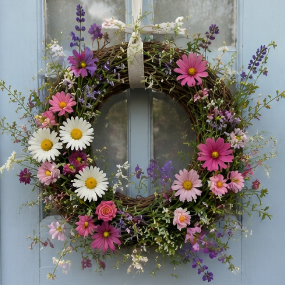 Vertical Pinterest-style photo of a handmade cottage garden summer door wreath on a pale blue wooden front door, mixed cosmos, daisies, lavender and sweet peas, slightly uneven arrangement, natural daylight, realistic UK cottage, candid photography, not professional, authentic homemade feel