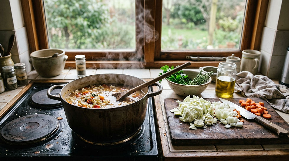 pot of vegetarian cabbage soup simmering on a slightly worn stovetop, wooden spoon resting inside, steam rising, chopped cabbage and onion on a wooden chopping board nearby, natural window light, unpolished home kitchen, slightly messy counter, muted tones, realistic DIY cooking scene
