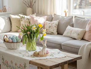 Spring-themed living room with a vase of tulips, daffodils, Easter eggs in a basket, and a rabbit figurine on a wooden table with floral cloth. Easter Home Decor.