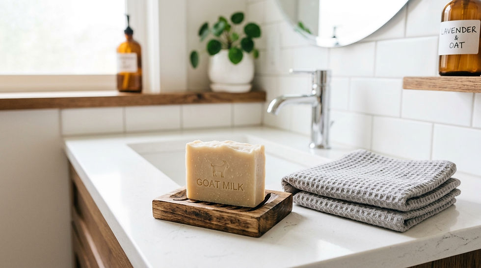 A single bar of goat milk soap resting on a wooden soap dish next to a folded grey towel in a bright clean bathroom, soft daylight, fresh and simple, lifestyle photography.