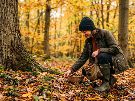 Person collecting sweet chestnuts from a woodland floor in autumn in the UK, wearing a wax jacket and wellies