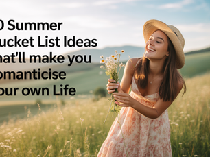 Smiling woman in a floral dress and straw hat holds wildflowers in a sunny meadow. Text reads: 10 Summer Bucket List Ideas.