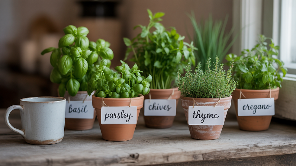 Potted herbs labeled basil, parsley, chives, thyme, oregano on a wooden table. A mug sits beside them. Bright, cozy indoor setting.