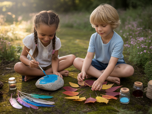 Two kids sit on grass; girl paints a rock blue, boy arranges autumn leaves. Surroundings include pine cones, jars, and colourful feathers.