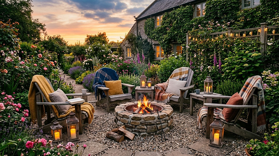Fire pit surrounded by chairs showing cosy garden corner ideas.