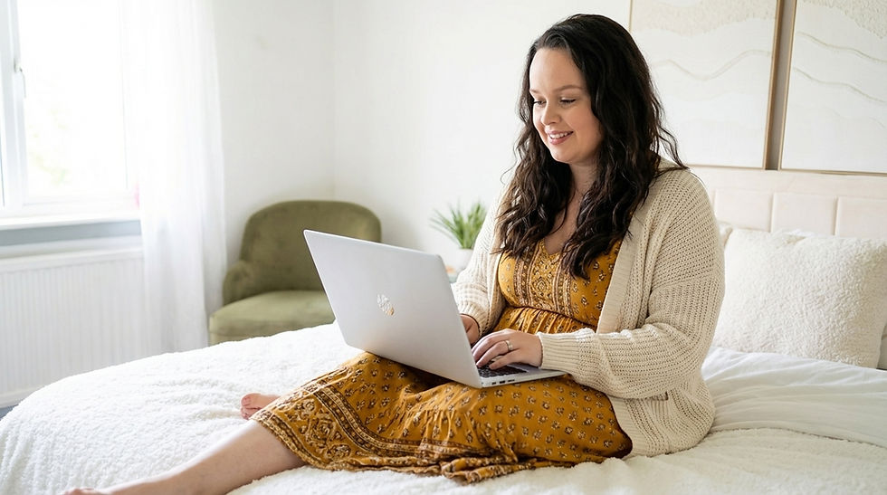 arroe sat on bed on laptop