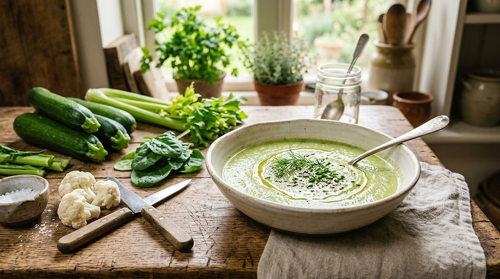 “Top-down realistic food photography of a silky pale green soup in a rustic bowl with chopped courgette, spinach leaves, celery sticks, onion and cauliflower scattered naturally around a wooden table, cosy cottagecore cooking aesthetic, natural daylight, no text”