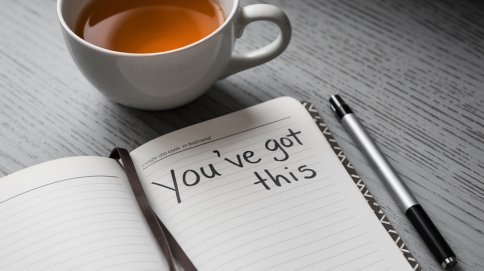 Cup of tea beside an open notebook with "You've got this" written inside. A pen lies next to it on a grey wooden table. Positive vibe.