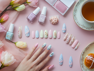 Manicured hand with pastel nail designs on pink background. Nearby are nail polish bottles, floral decorations, a tea cup, and pastries.