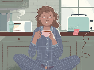 A person in blue pyjamas sits cross-legged, holding a steaming cup in a kitchen. A teal toaster is in the background, mood appears tired. Quotes motivational.