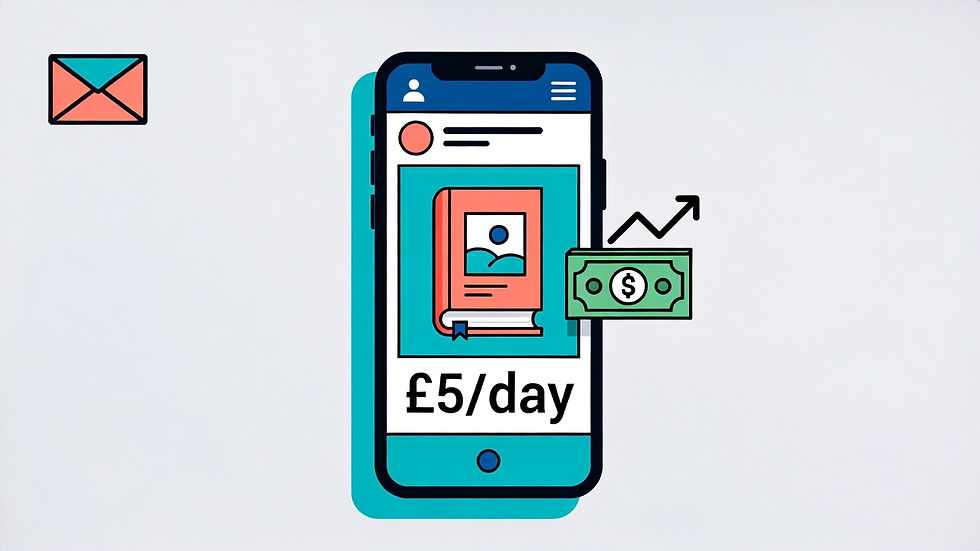 Flat design showing $5 a day Facebook ad generating email list sign-ups for KDP authors