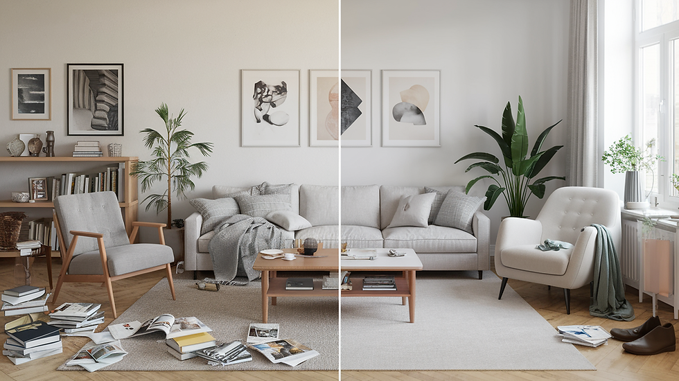 Living room split view: left side cluttered with books, right side tidy. Neutral colors, large windows, plants, and framed art on walls.