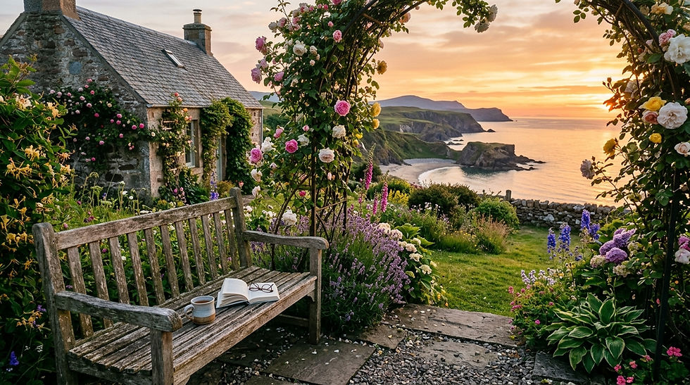 A quiet Scottish cottage garden at sunset overlooking the sea. A weathered wooden bench sits beneath flowering plants with a mug of tea and an open book resting on it. Long golden evening light, calm coastal atmosphere, realistic countryside photography, no people.