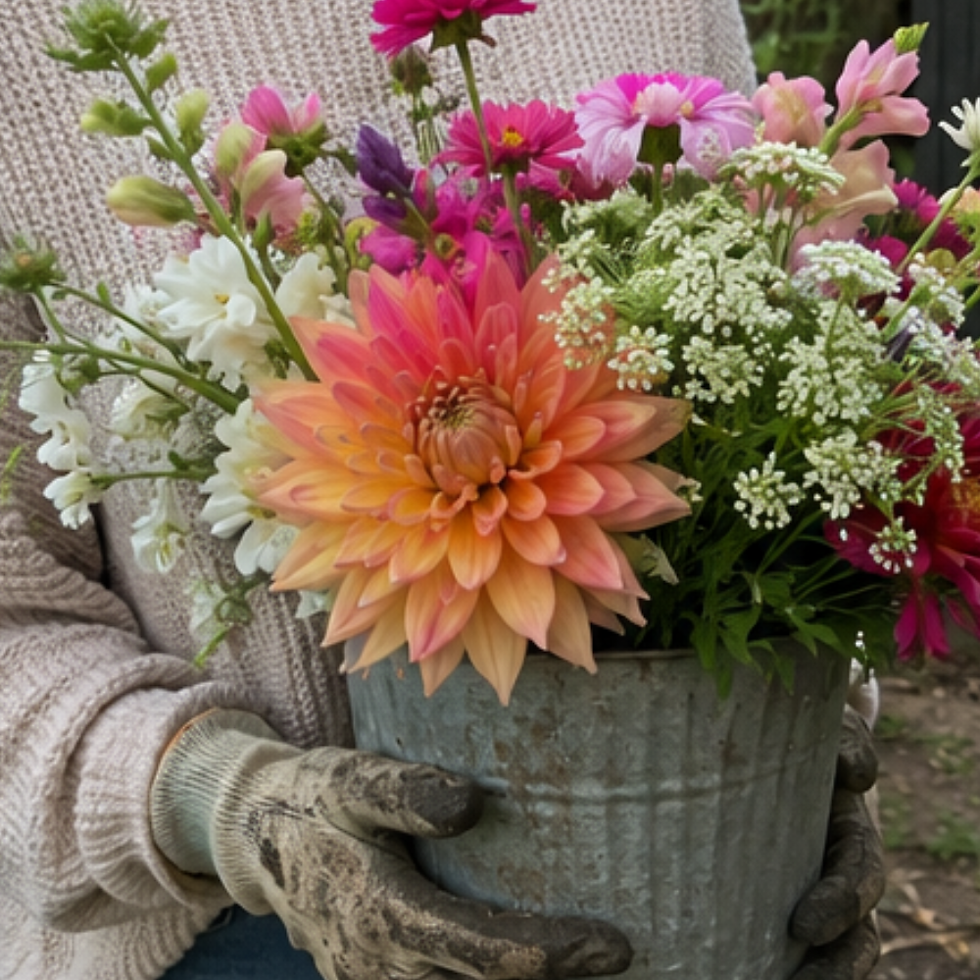 Home gardener holding freshly cut summer flowers in a mismatched bucket, muddy gardening gloves, casual clothing, ordinary British garden, natural daylight, authentic lifestyle photography