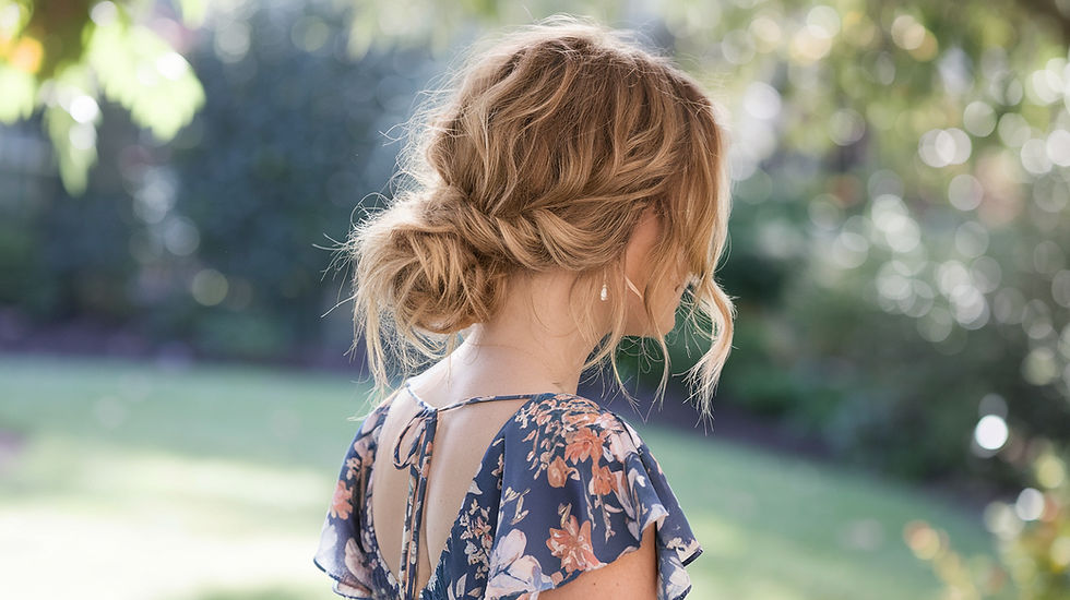 Woman with wavy hair in a loose bun wearing a floral dress, stands outdoors. Background shows blurred greenery, creating a serene mood.