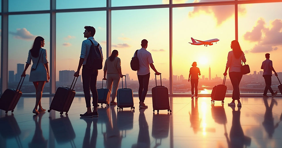 Travelers with luggage walk in an airport at sunset, a plane soars in the sky. Warm light fills the terminal, creating a calm atmosphere.