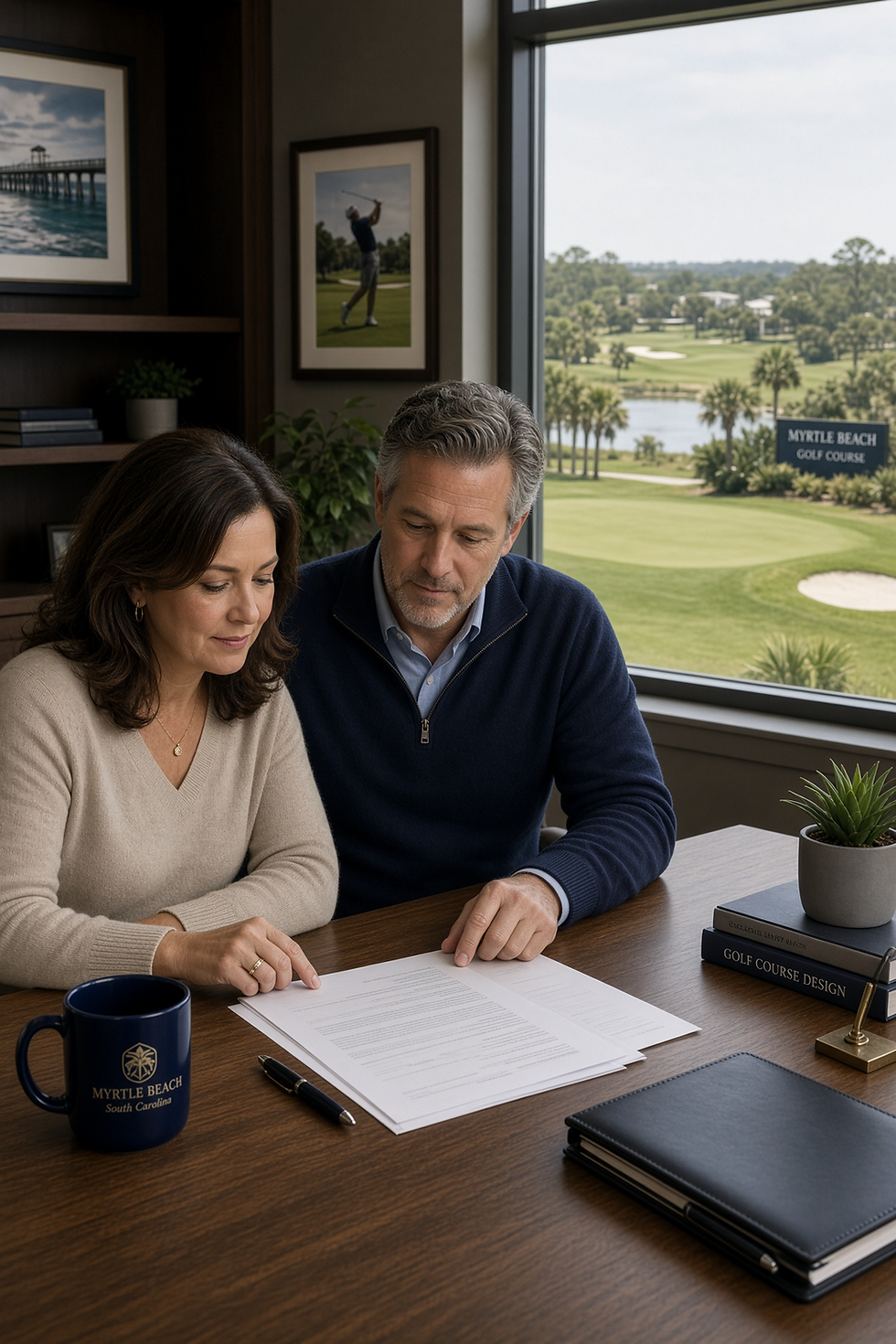 Couple reviewing documents at a desk with a Myrtle Beach golf course outside the window