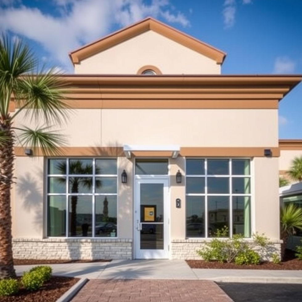 Small commercial storefront with large windows and palm trees under a clear sky