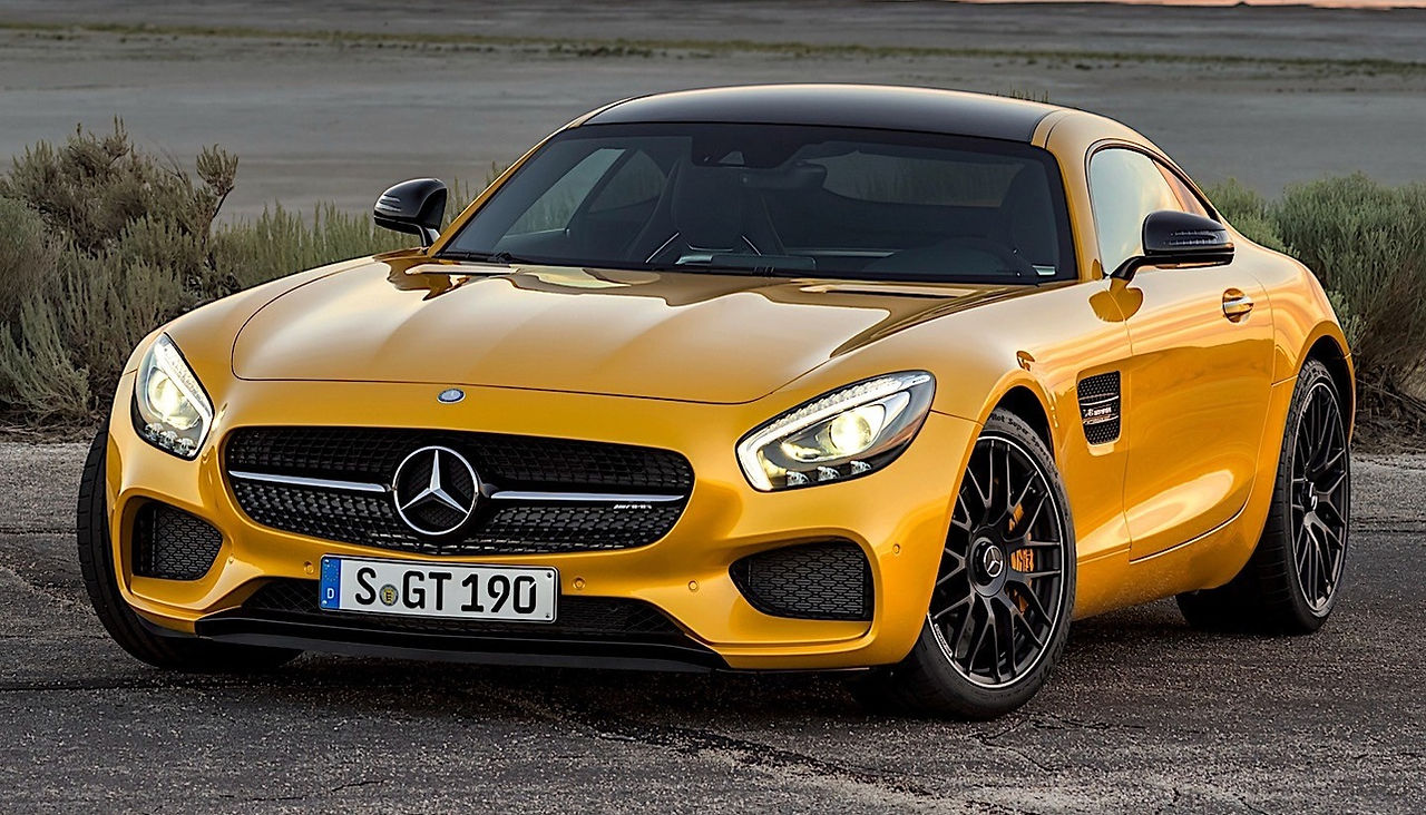 Carequest Sàrl car broker Switzerland, Mercedes-Benz AMG GTS in solarbeam yellow three-quarter front view