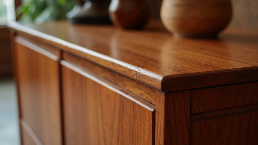 Close-up view of polished cherry wood furniture showcasing its rich texture