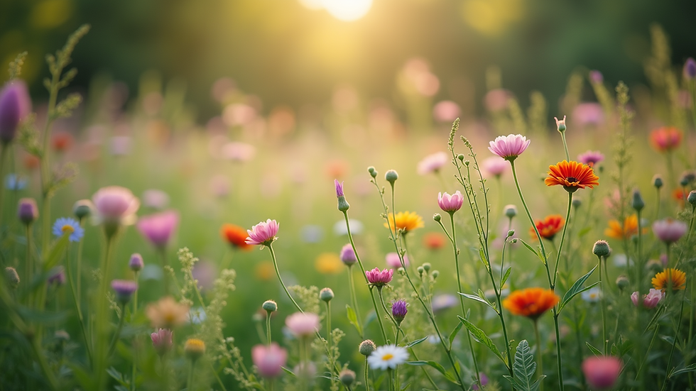 High angle view of a peaceful garden with wildflowers in bloom