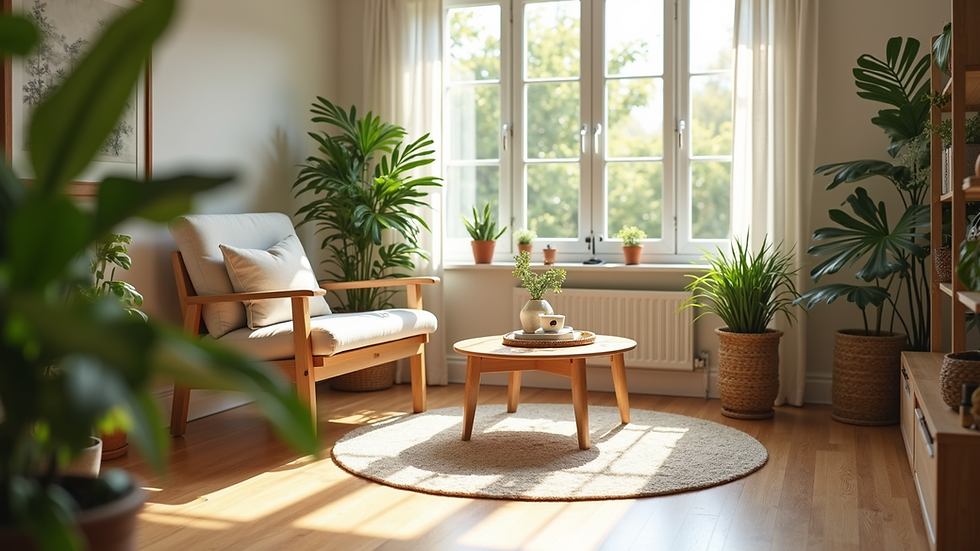 Eye-level view of a cozy naturopathy consultation room with plants and natural light