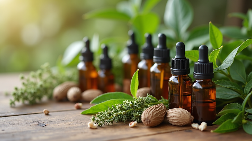 Close-up view of natural herbal remedies and essential oils on a wooden table