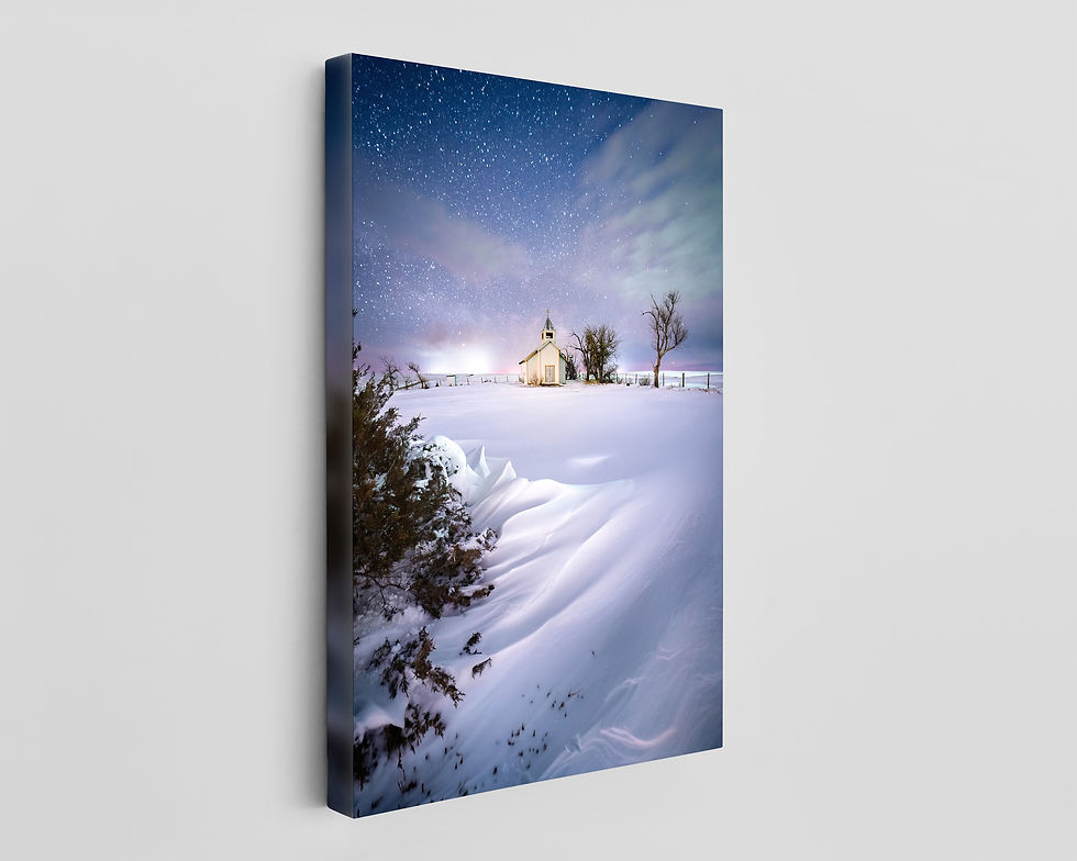 Thumbnail: canvas print of Winter Night Church under the stars in Colorado by Daniel Forster