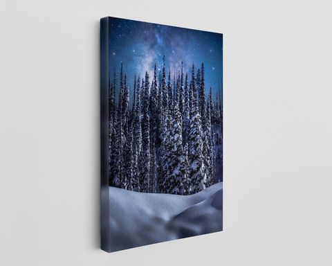 Landscape Canvas Print of a Starry Night Winter Forest Fine art photo of the Milky Way over snow-covered winter forest along Wolf Creek Pass in Colorado.