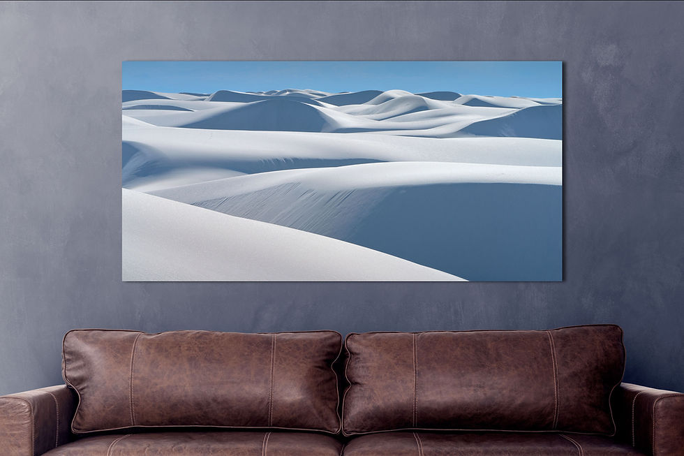 over couch mockup of White Sands National Park Fine Art Photography - Blue Tones Landscape Prints by Daniel Forster