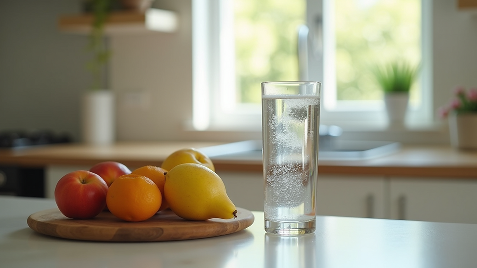 Eye-level view of a glass of water and fresh fruits on a kitchen counter