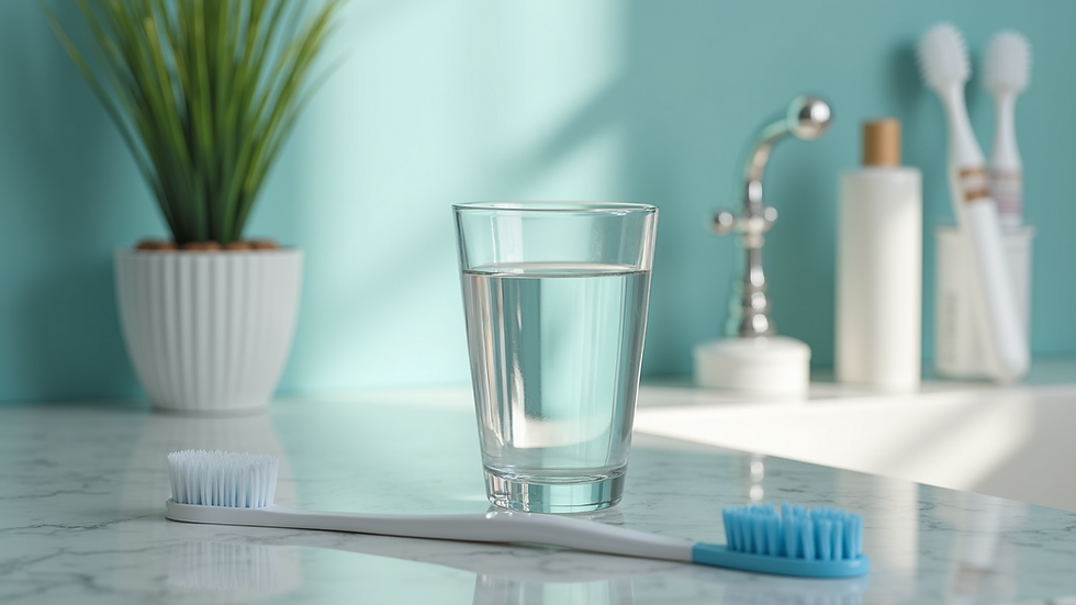 High angle view of a glass of water and dental hygiene products on a countertop