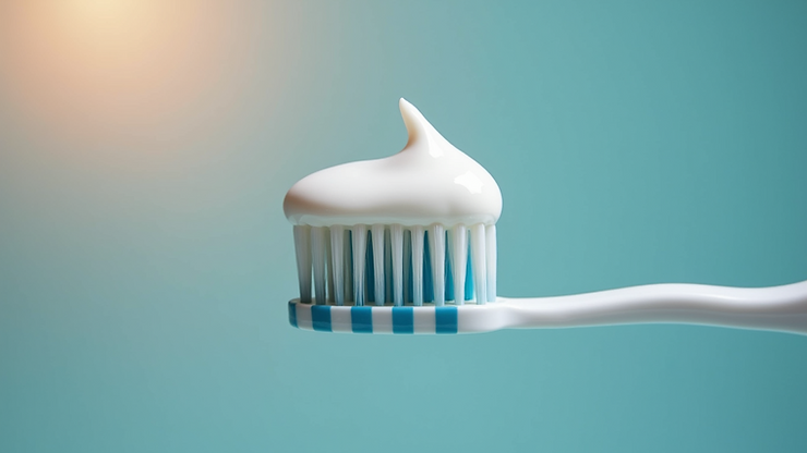 Close-up view of a toothbrush with toothpaste on bristles