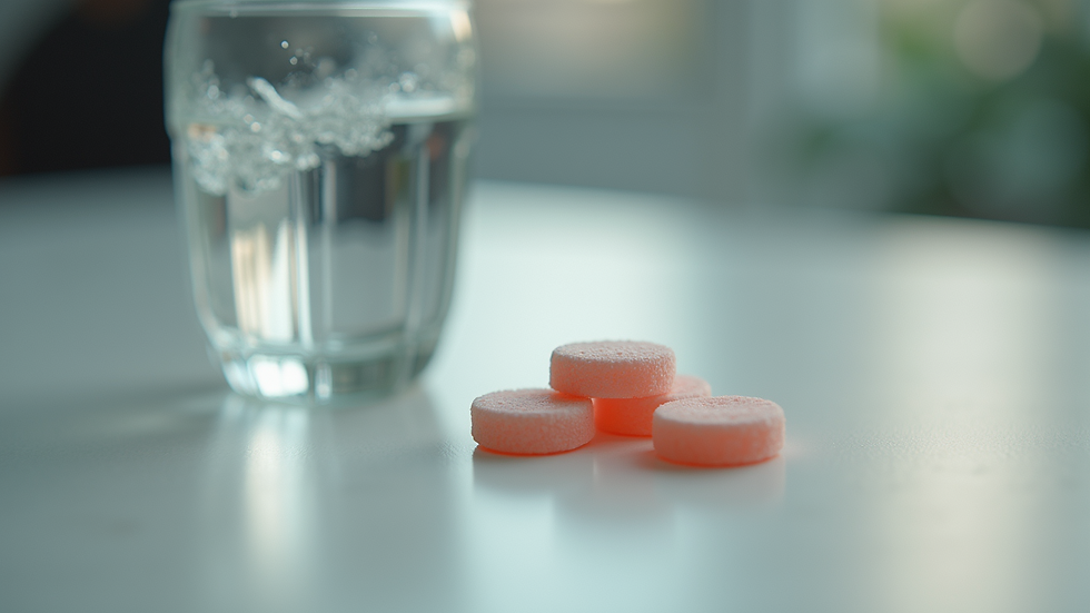 Close-up view of a glass of water and sugar-free gum on a table