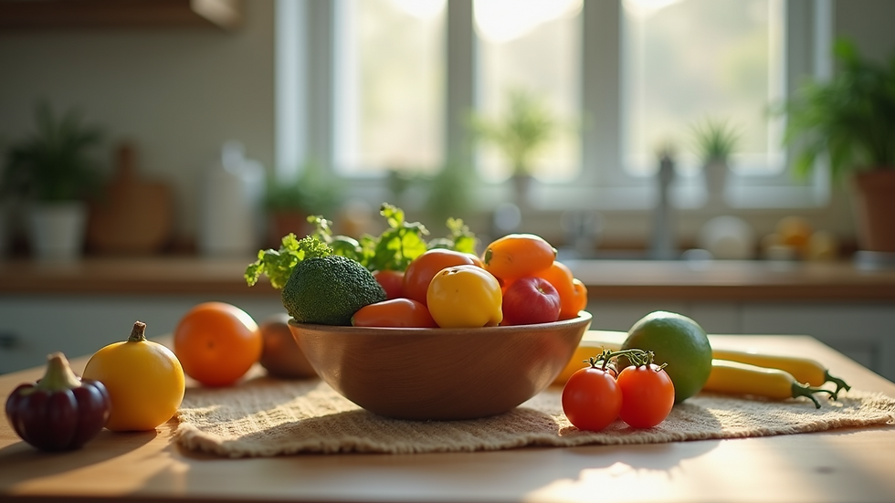 Eye-level view of a bowl of fresh fruits and vegetables on a kitchen table