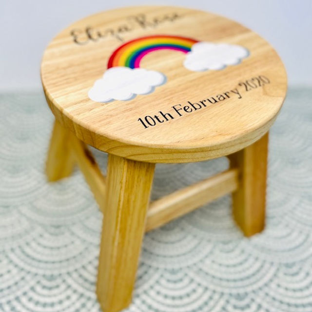 Childs Personalised wooden Stool / Step Rainbow Design
