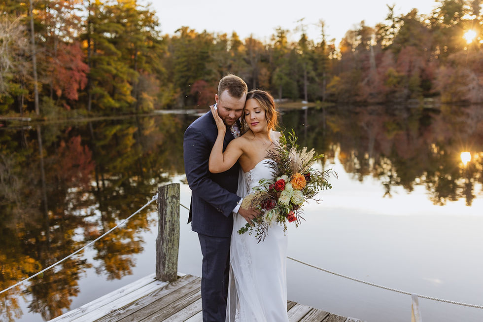 A bride and groom at a lake in Hendersonville NC.