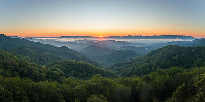 panoramic drone shot of West Virginia Appalachian mountains and rolling green hills, dense