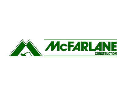 "McFarlane Construction logo in green featuring an excavator and two dump truck beds forming the letter 'M' with the text 'McFarlane Construction'"
