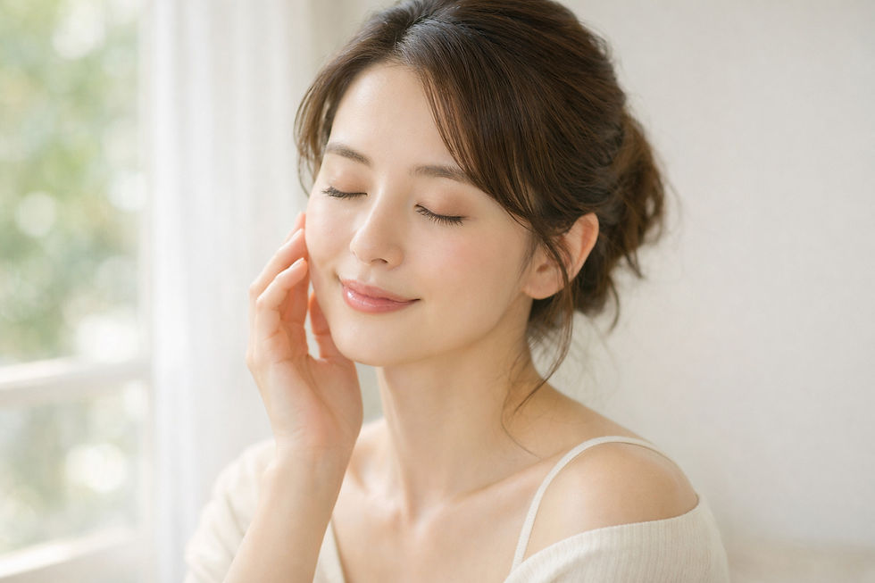 自然光の中で肌を整えながら紫外線対策を意識する女性のスキンケアイメージ