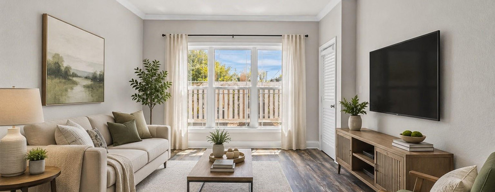 Virtually Staged bright, modern living room with light neutral furniture, a large area rug, and a wall-mounted TV. A sofa sits on the left with a side table and lamp, a wooden media console is beneath the TV on the right. Sliding glass doors at the back let in natural light and open to a small balcony with a view outside.