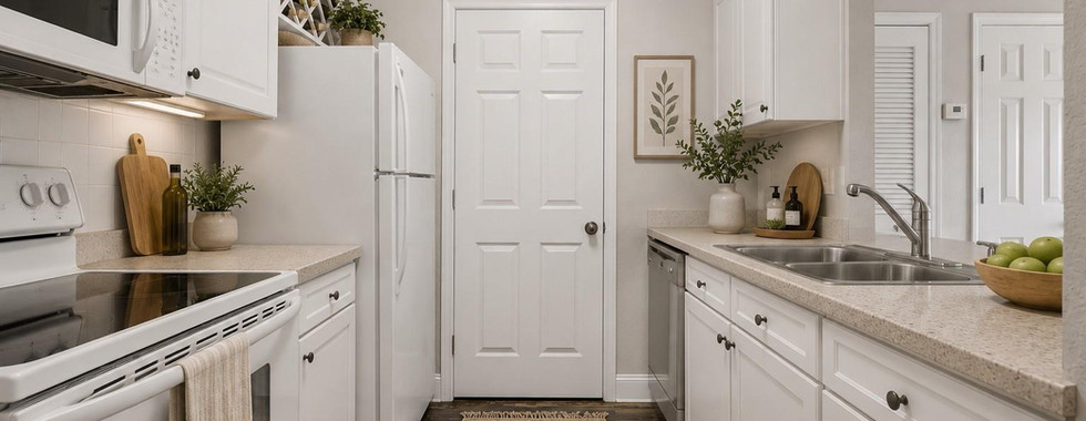 Virtually staged bright kitchen with white cabinets on both sides, light countertops, and gray-toned wood look vinyl flooring. A white stove and refrigerator are on the left, the sink and additional counter space are on the right. A small runner rug sits down the center, and simple greenery and decor.