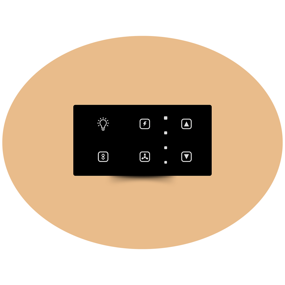 Black smart home control panel with icons and 2M-BELL-CRYSTA for home automation.