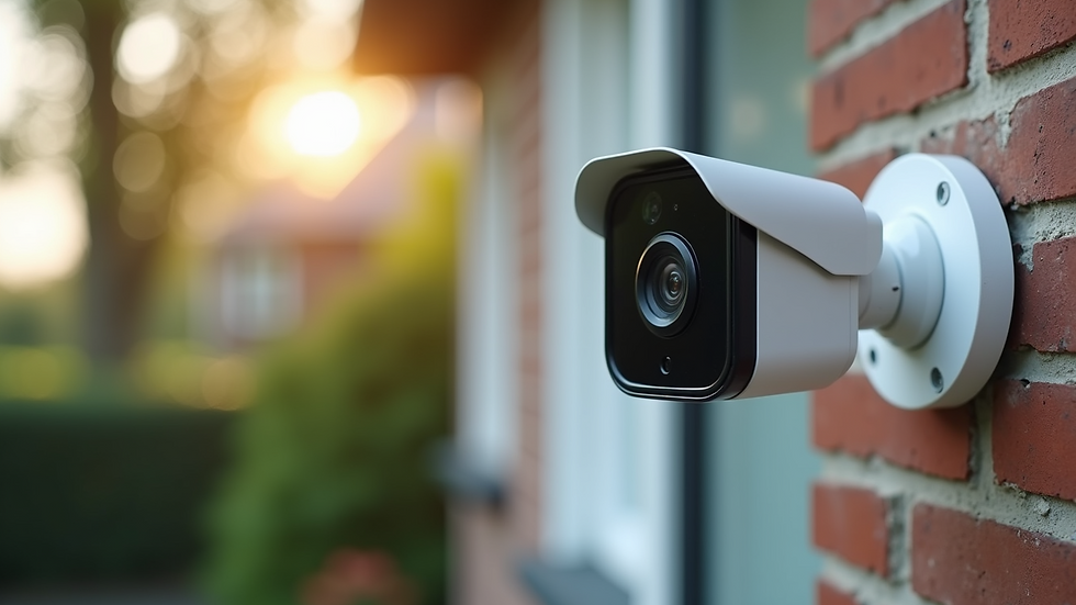 Close-up view of a smart security camera installed outside a house